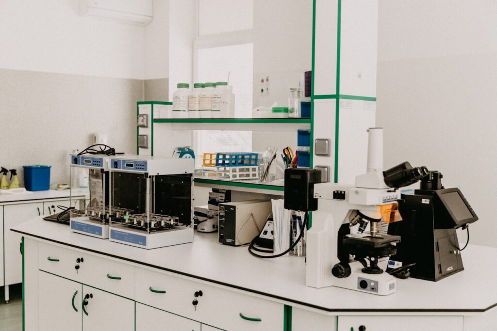 A clean and organized laboratory featuring various scientific equipment and instruments.