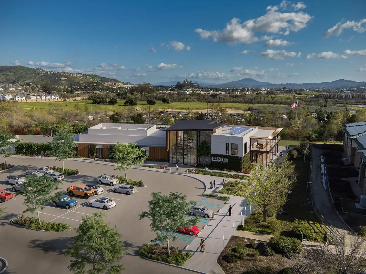 Wedding gown care in Santee - a parking lot with tress and buildings surrounding it