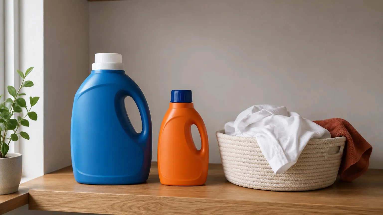 A large unlabeled blue detergent jug and smaller orange bottle beside a basket of white and terracotta laundry.