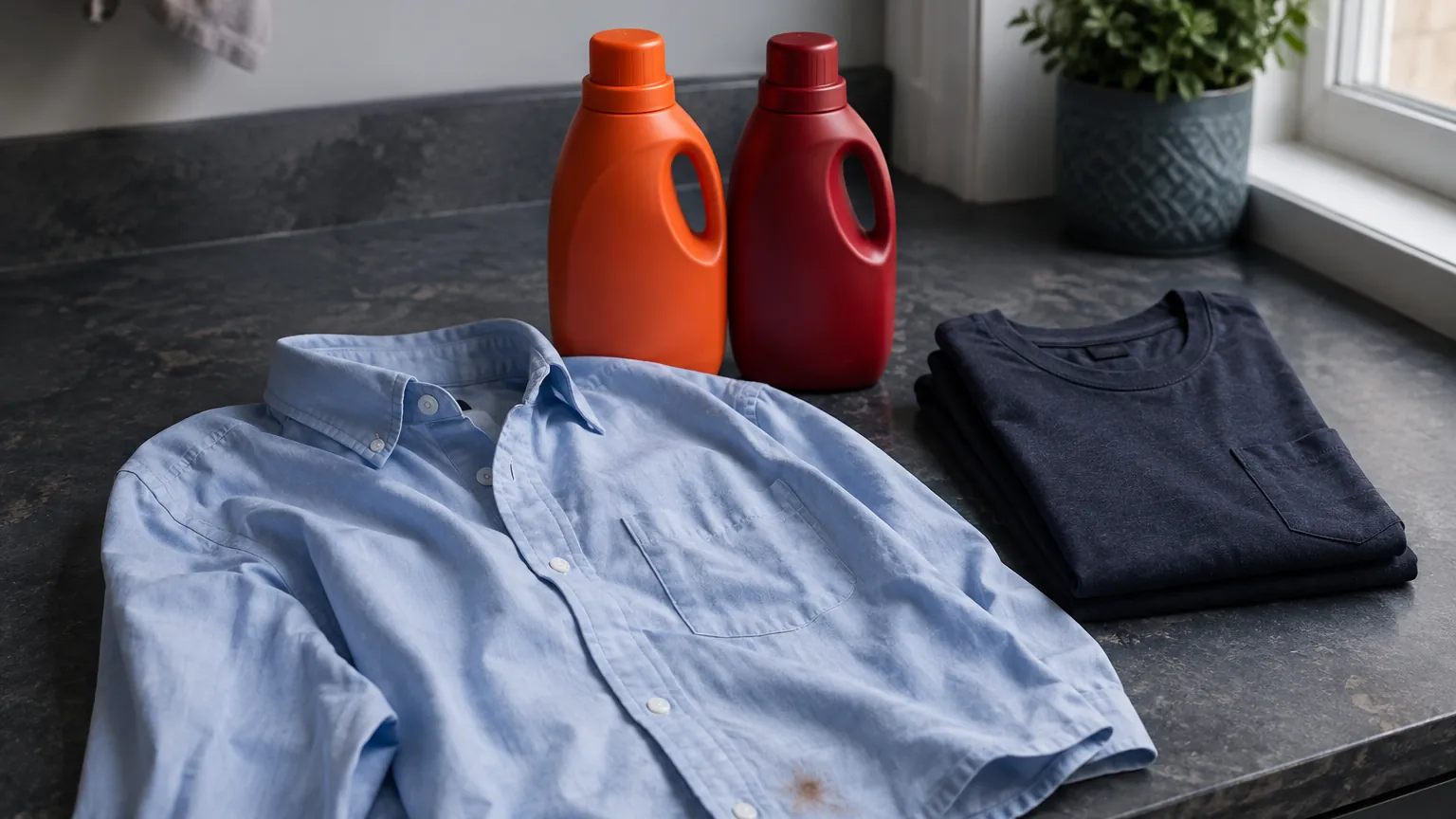 A marked blue shirt and a folded dark shirt in front of unlabeled orange and red detergent bottles.