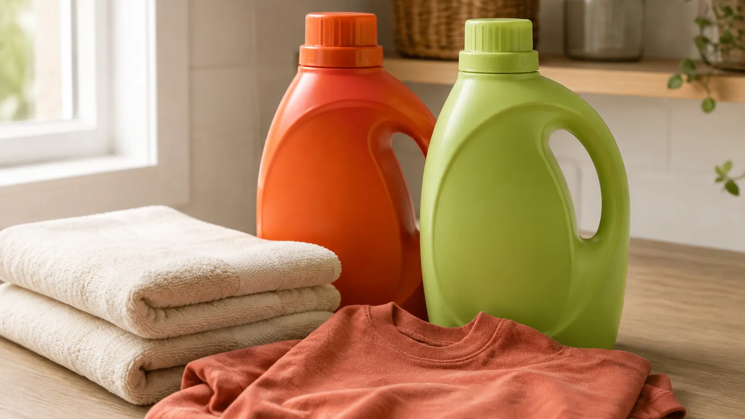 Orange and green detergent bottles beside cream towels and a terracotta shirt.