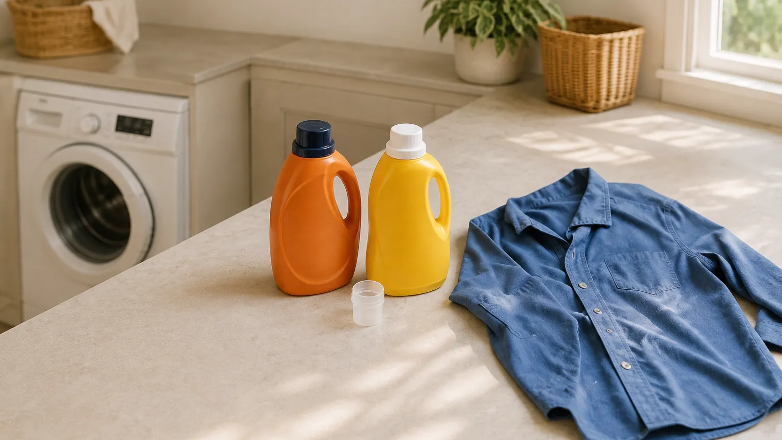 Unlabeled orange and yellow detergent bottles beside a dosing cap and blue cotton shirt.