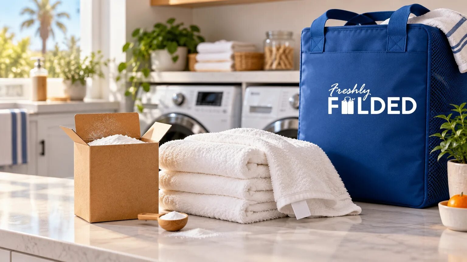 Baking soda, white towels and a blue Freshly Folded laundry bag in a bright laundry room