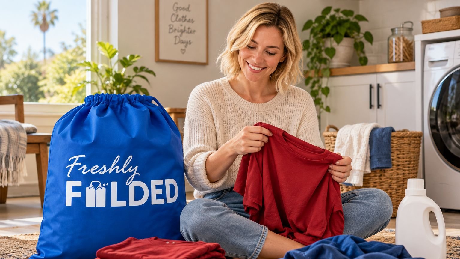 Woman sorting colored shirts beside a blue Freshly Folded bag with a white logo.