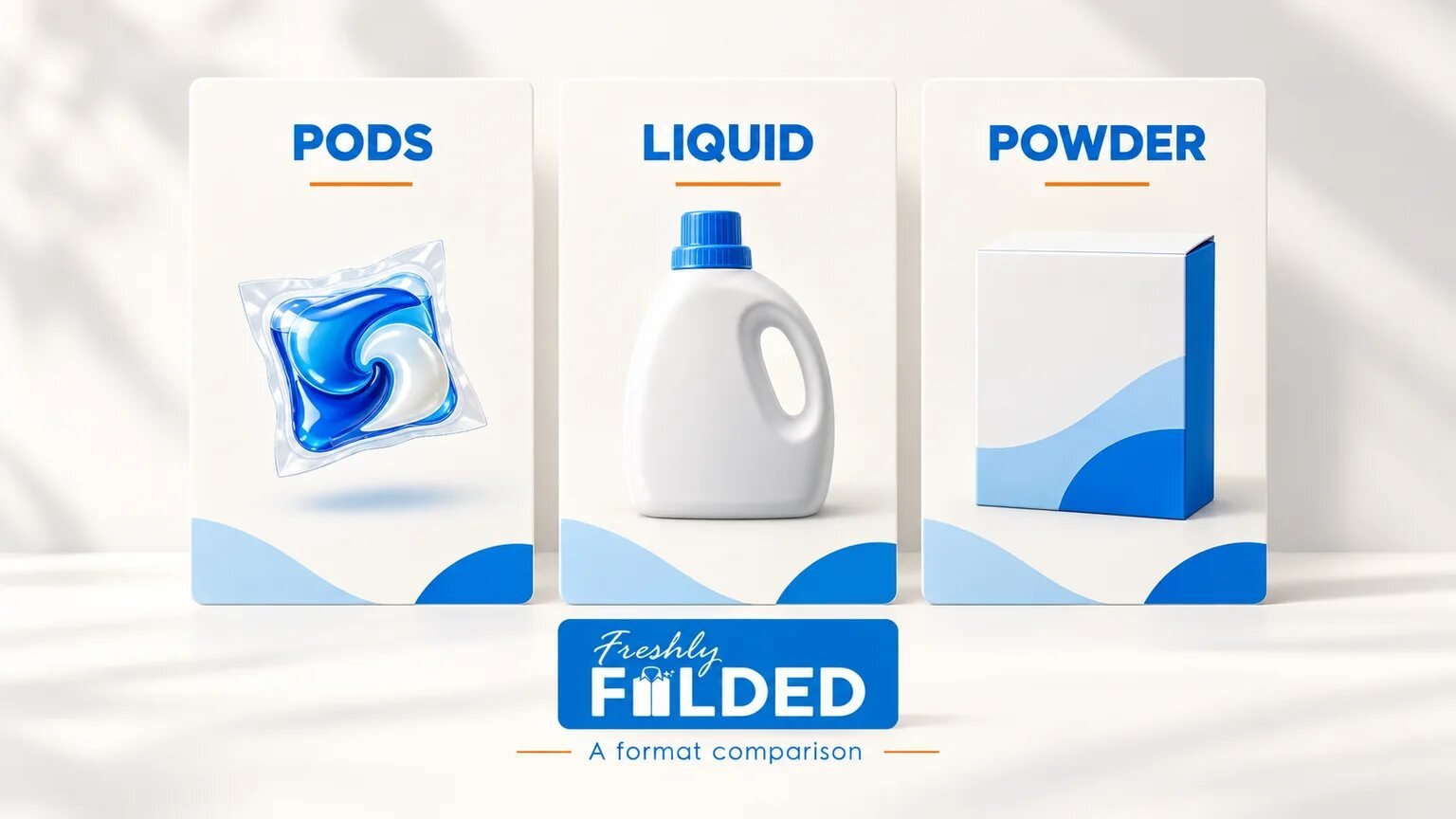 Freshly Folded branded illustration comparing a detergent packet, liquid bottle and powder carton on three educational cards.