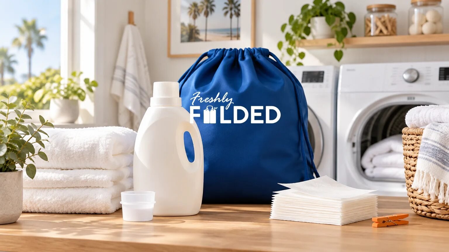 Liquid fabric softener and dryer sheets beside folded towels and a branded Freshly Folded laundry bag