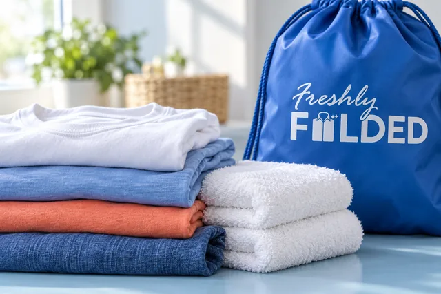 Clean folded clothing beside a blue company laundry bag