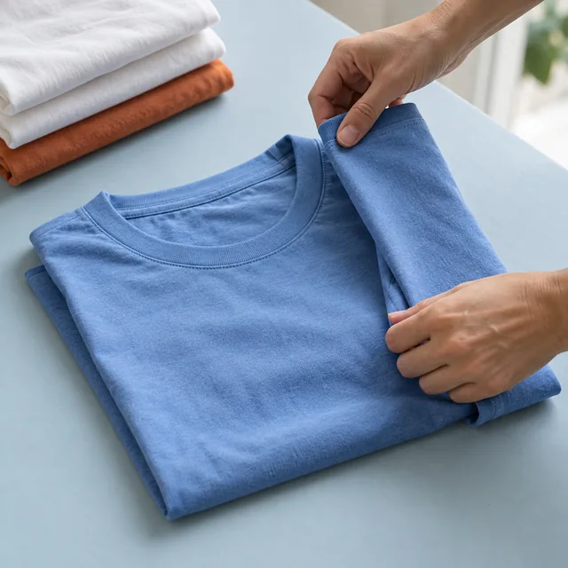 Hands folding a blue cotton shirt