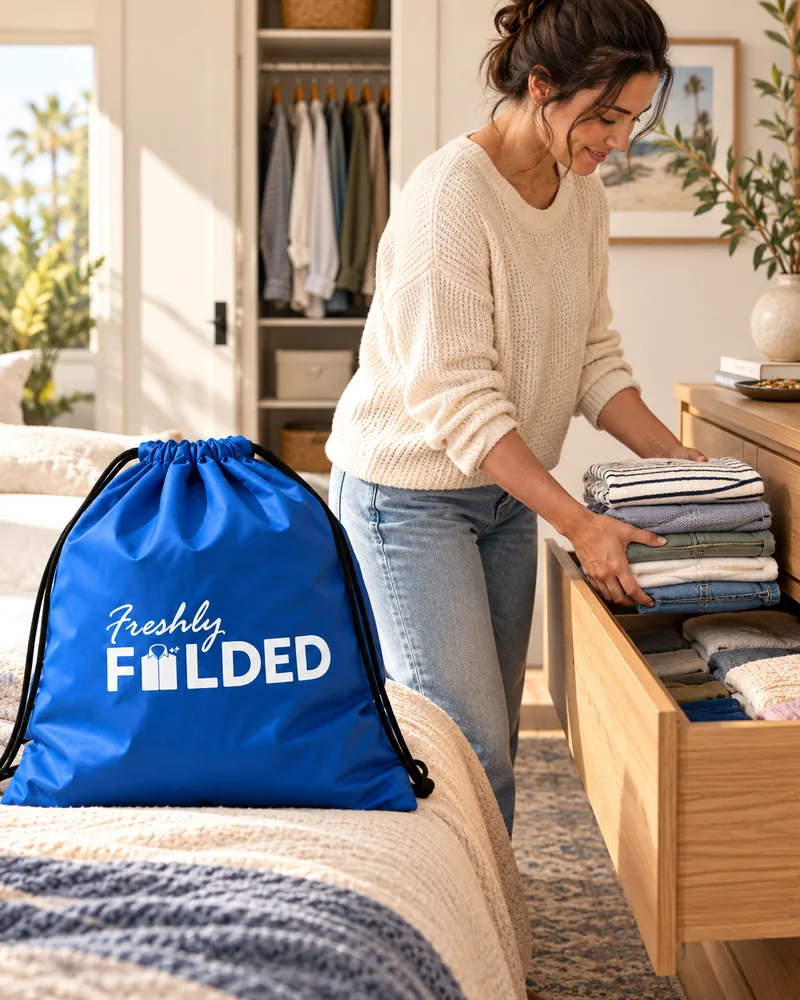 Folded household laundry being put away beside a blue Freshly Folded bag