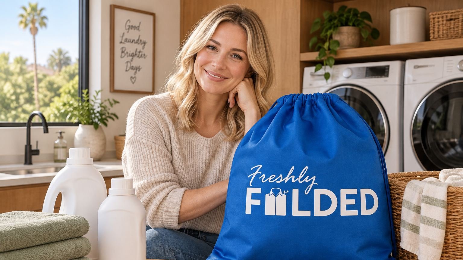 Woman beside plain detergent bottles, folded towels and a blue Freshly Folded bag with a white logo.