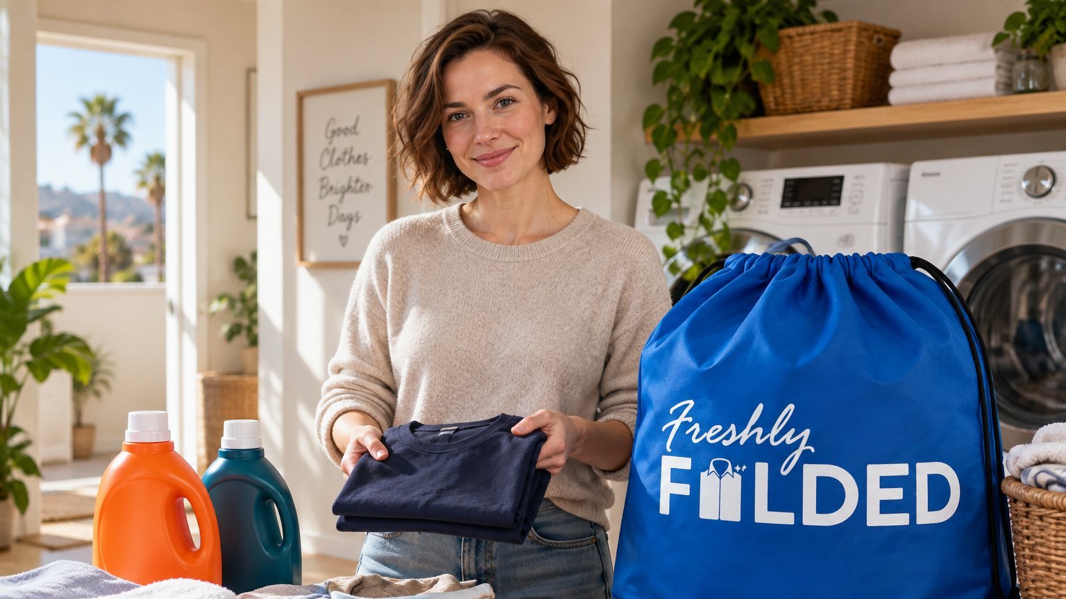 Woman holding a folded navy shirt beside detergent bottles and a blue Freshly Folded bag with a white logo.